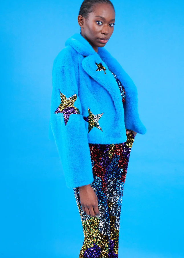 Blue Bamboo Faux Fur Sequins Star Jacket-1