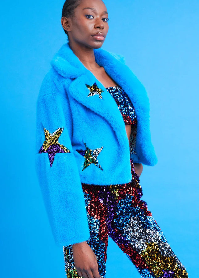 Blue Bamboo Faux Fur Sequins Star Jacket-0