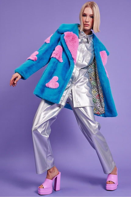 Blue Eco Bamboo Faux Fur Coat with Love Heart Detailing-3