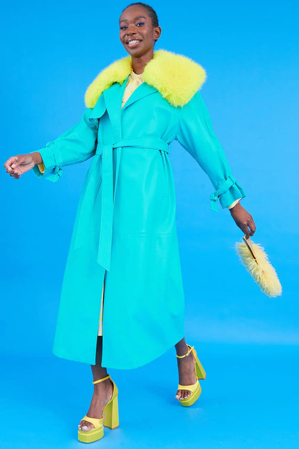 Blue Eco Leather Faux Fur Collar Trench Coat-1