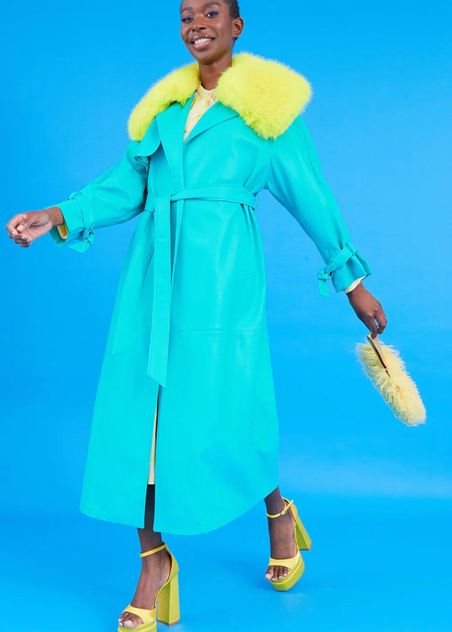 Blue Eco Leather Faux Fur Collar Trench Coat-1