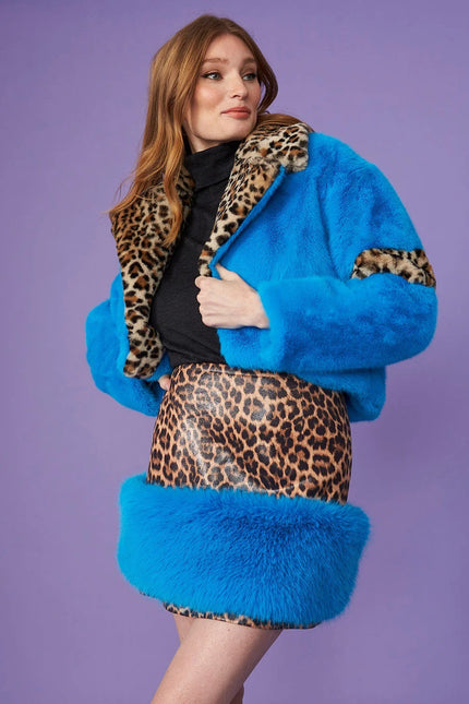 Blue Faux Fur Cropped Jacket With Leopard Print Collar-0