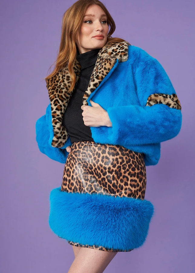 Blue Faux Fur Cropped Jacket With Leopard Print Collar-0