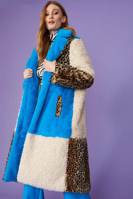 Blue Faux Fur and Faux Shearling Maxi Coat-1