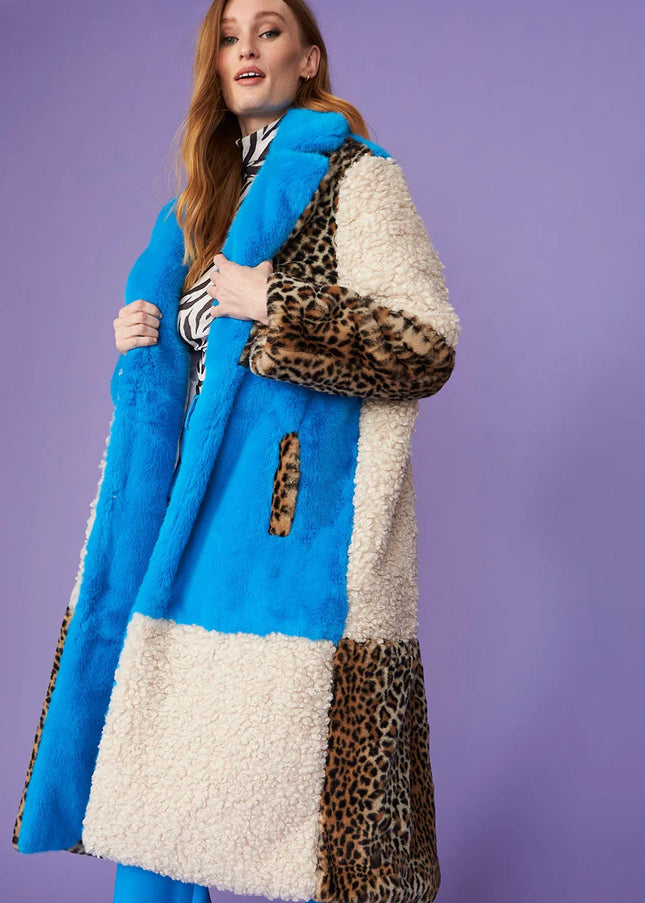 Blue Faux Fur and Faux Shearling Maxi Coat-1