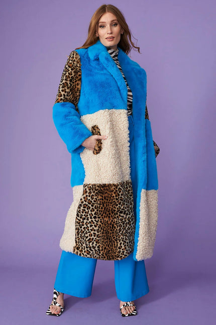 Blue Faux Fur and Faux Shearling Maxi Coat-0