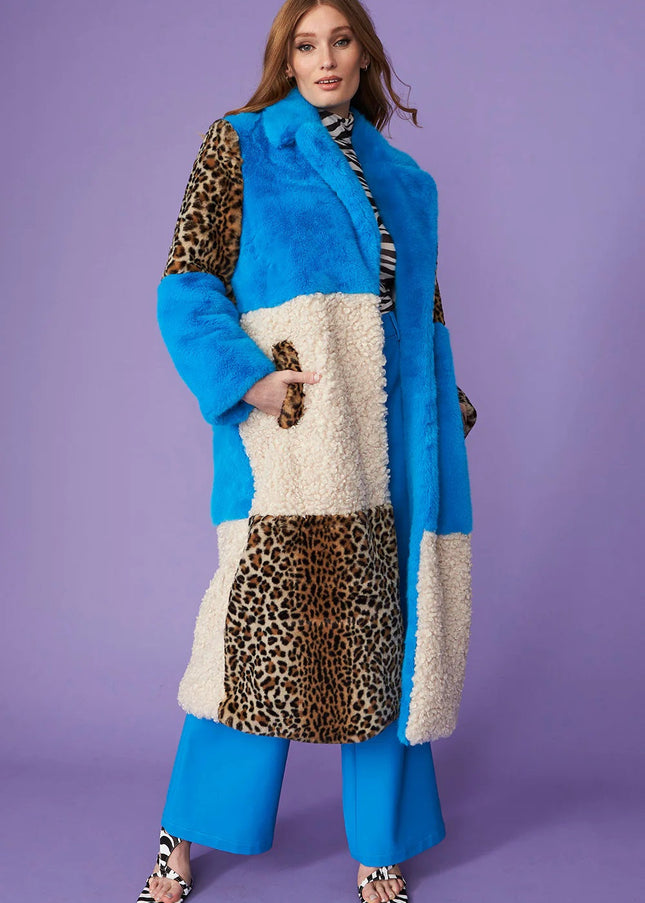 Blue Faux Fur and Faux Shearling Maxi Coat-0