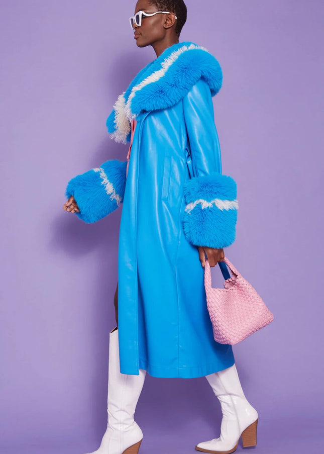 Blue Faux Leather Trench Coat with Faux Fur Collar-1