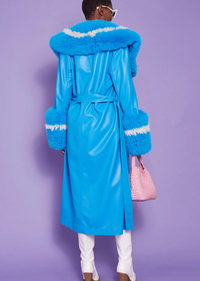 Blue Faux Leather Trench Coat with Faux Fur Collar-2