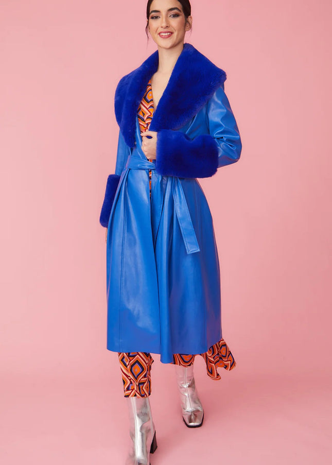 Blue Faux Leather Trench Coat with Faux Fur Collar and Cuffs-0