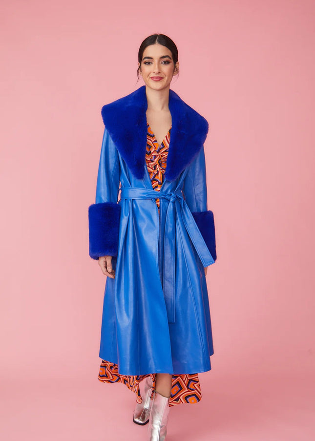 Blue Faux Leather Trench Coat with Faux Fur Collar and Cuffs-1