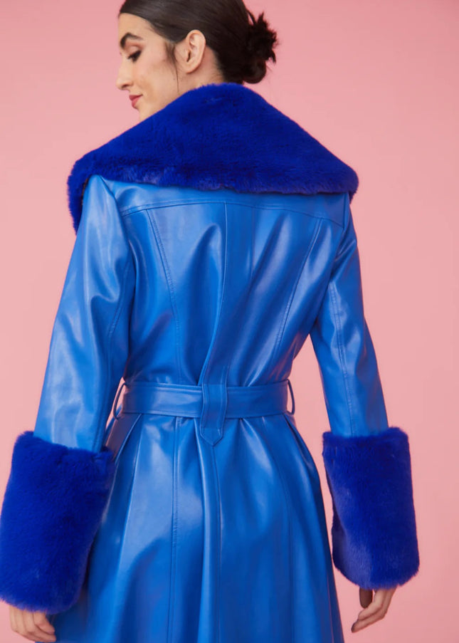 Blue Faux Leather Trench Coat with Faux Fur Collar and Cuffs-3