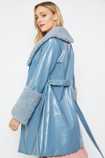 Blue Faux Leather Trench Coat with Faux Shearling Collar and Cuffs-2