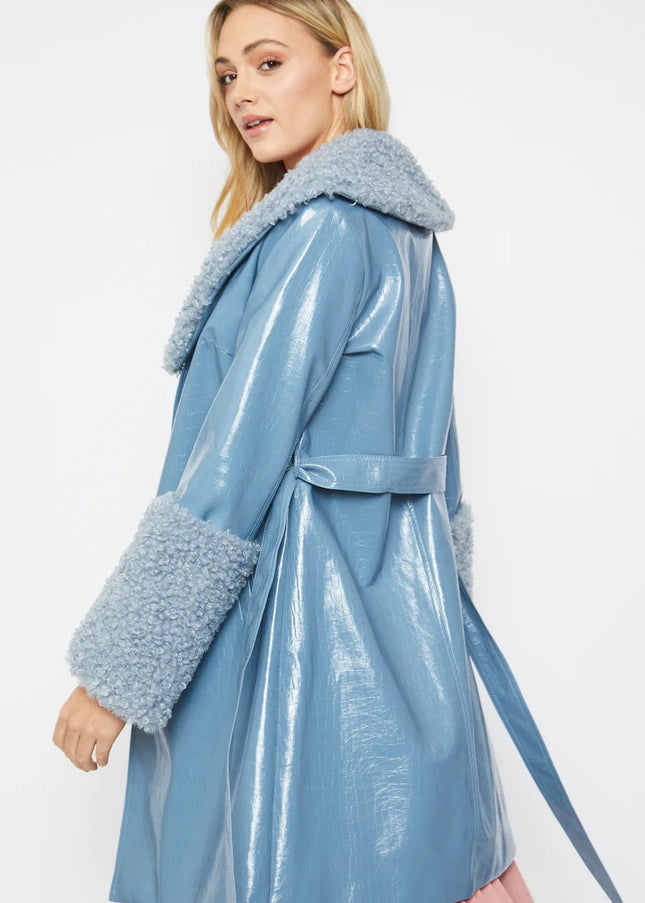 Blue Faux Leather Trench Coat with Faux Shearling Collar and Cuffs-2