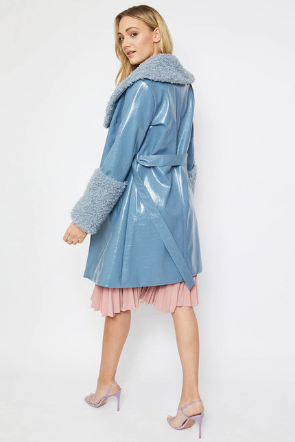 Blue Faux Leather Trench Coat with Faux Shearling Collar and Cuffs-3