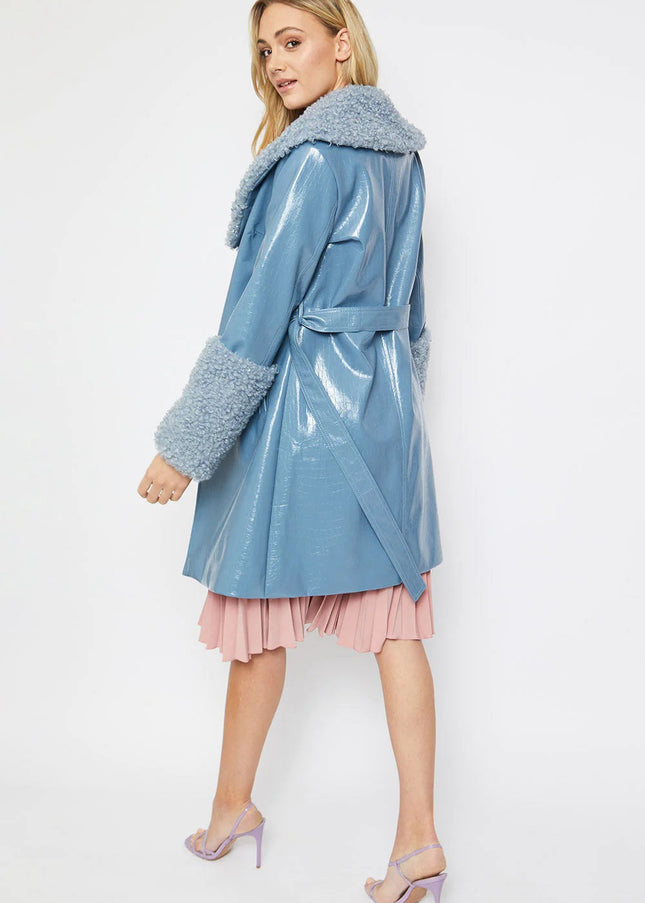 Blue Faux Leather Trench Coat with Faux Shearling Collar and Cuffs-3