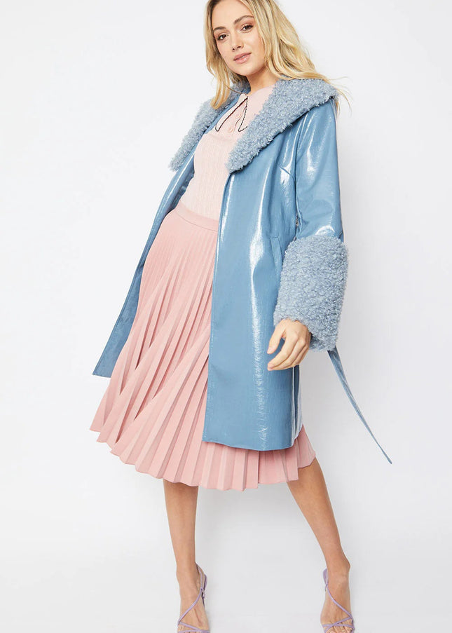 Blue Faux Leather Trench Coat with Faux Shearling Collar and Cuffs-0