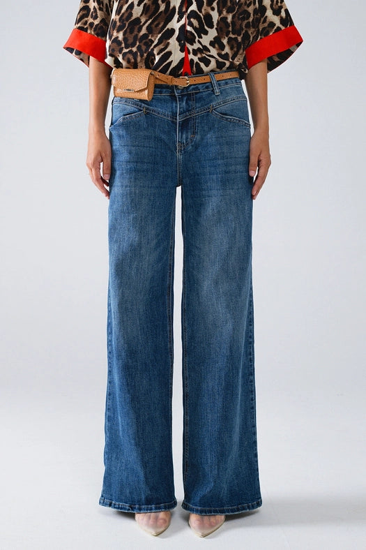 Blue Flare Jeans with Stitching Detail