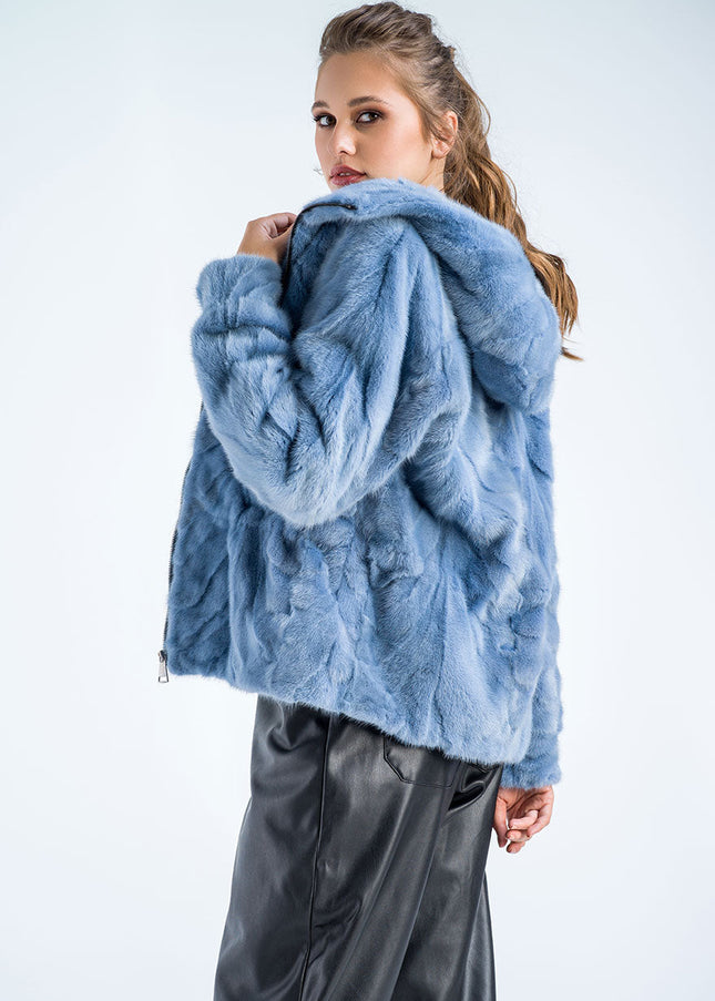 Blue Genuine Mink Fur Hooded Jacket-2