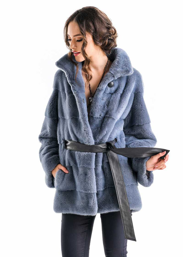 Blue Gray Shaded Genuine Mink Fur Coat-0