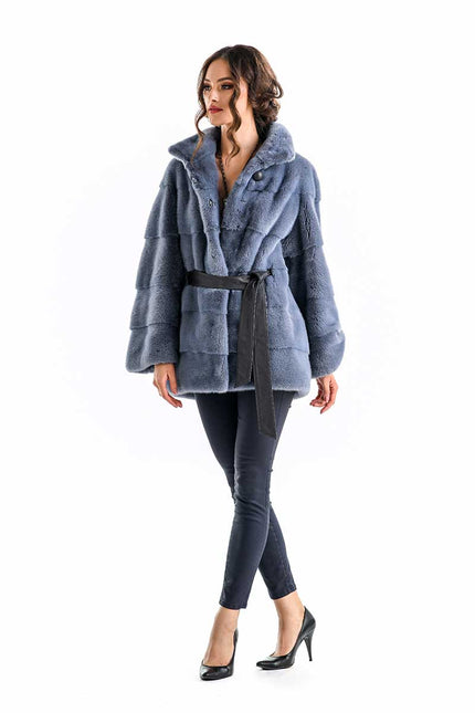 Blue Gray Shaded Genuine Mink Fur Coat-3