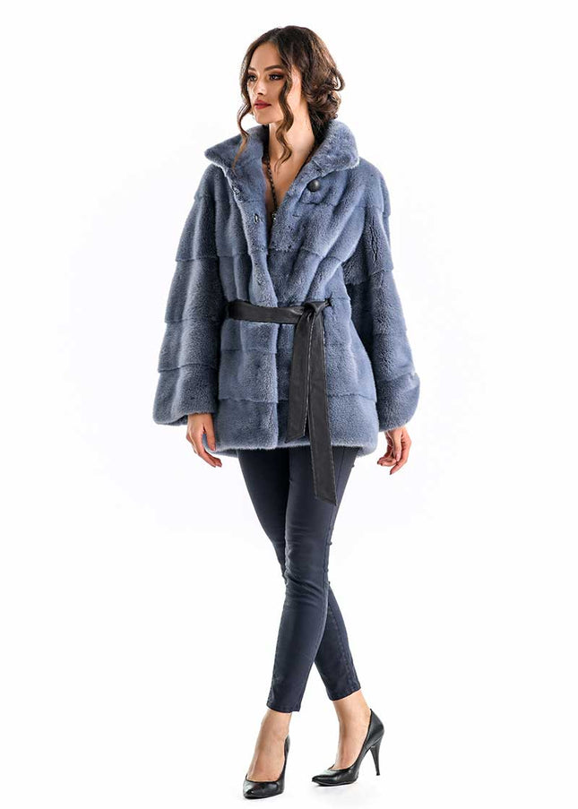 Blue Gray Shaded Genuine Mink Fur Coat-3