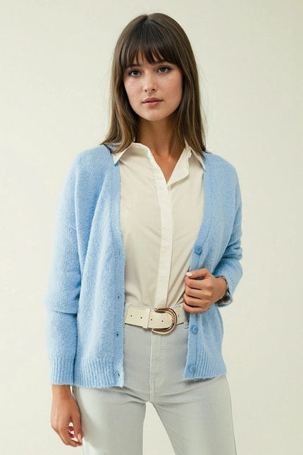 Blue Knit Cardigan With Wide V-Neck And Button Closure