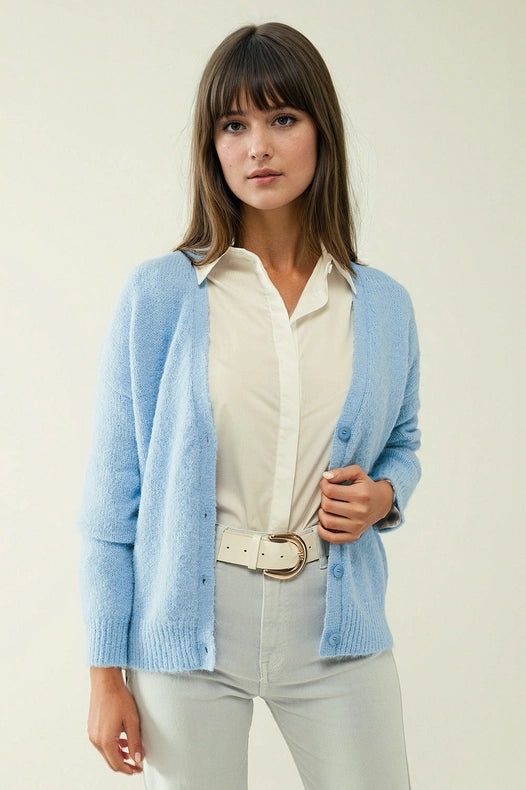 Blue Knit Cardigan With Wide V-Neck And Button Closure