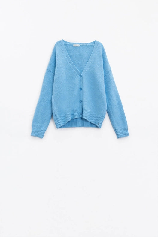 Blue Knit Cardigan With Wide V-Neck And Button Closure