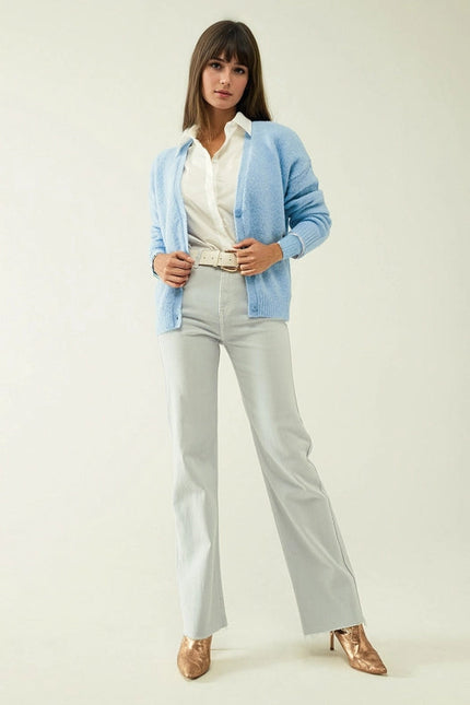 Blue Knit Cardigan With Wide V-Neck And Button Closure