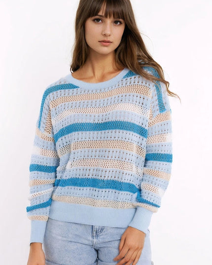 Blue Knit Sweater with Blue and White Stripes