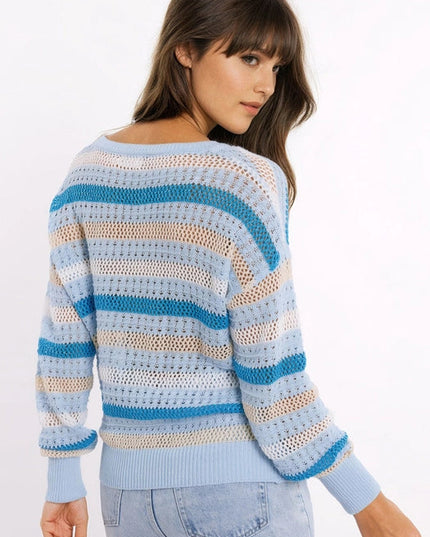 Blue Knit Sweater with Blue and White Stripes