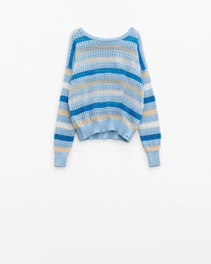 Blue Knit Sweater with Blue and White Stripes