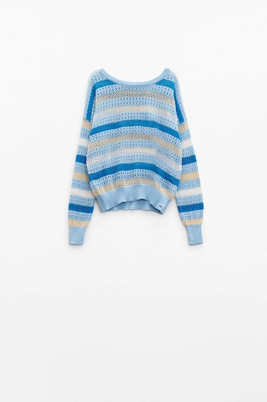 Blue Knit Sweater with Blue and White Stripes