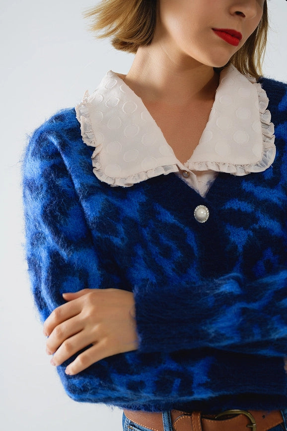 Blue Leopard Print Cardigan Made of Knitted Fabric with Wool