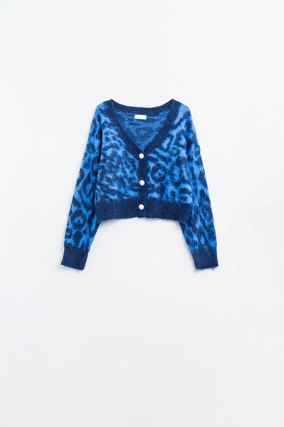 Blue Leopard Print Cardigan Made of Knitted Fabric with Wool