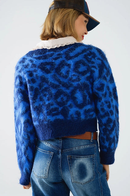 Blue Leopard Print Cardigan Made of Knitted Fabric with Wool