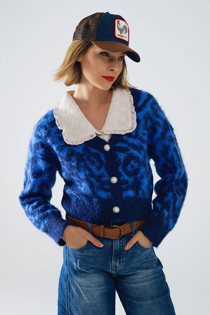 Blue Leopard Print Cardigan Made of Knitted Fabric with Wool