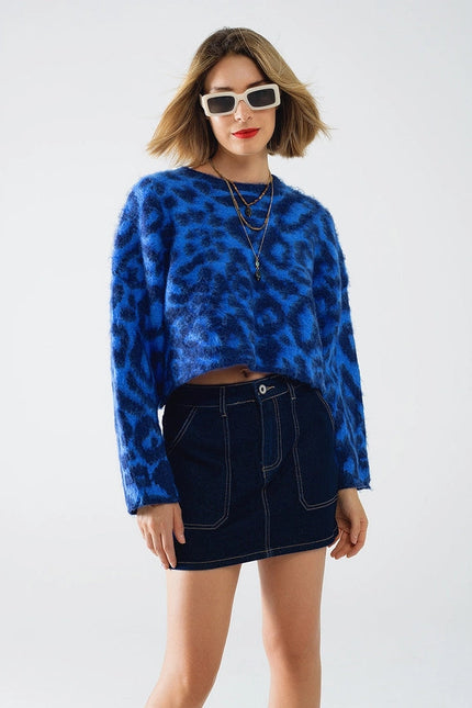 Blue Leopard Print Sweater Made of Knitted Fabric with Wool