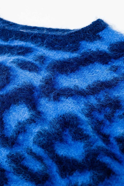 Blue Leopard Print Sweater Made of Knitted Fabric with Wool