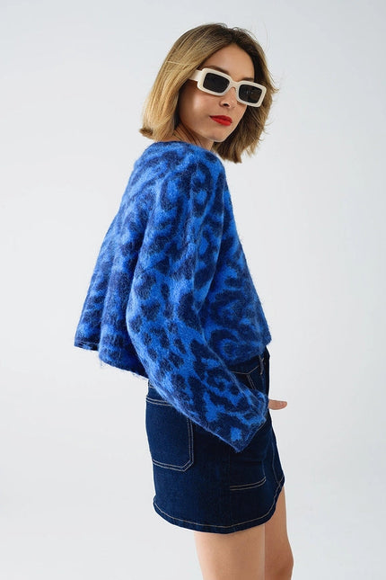 Blue Leopard Print Sweater Made of Knitted Fabric with Wool