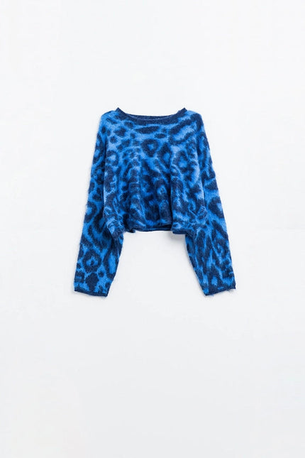 Blue Leopard Print Sweater Made of Knitted Fabric with Wool