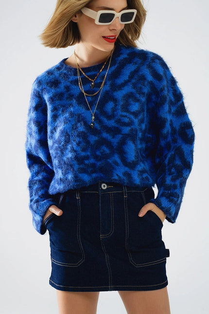 Blue Leopard Print Sweater Made of Knitted Fabric with Wool