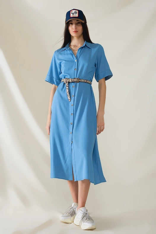 Blue Maxi Shirt Dress with Polo Collar