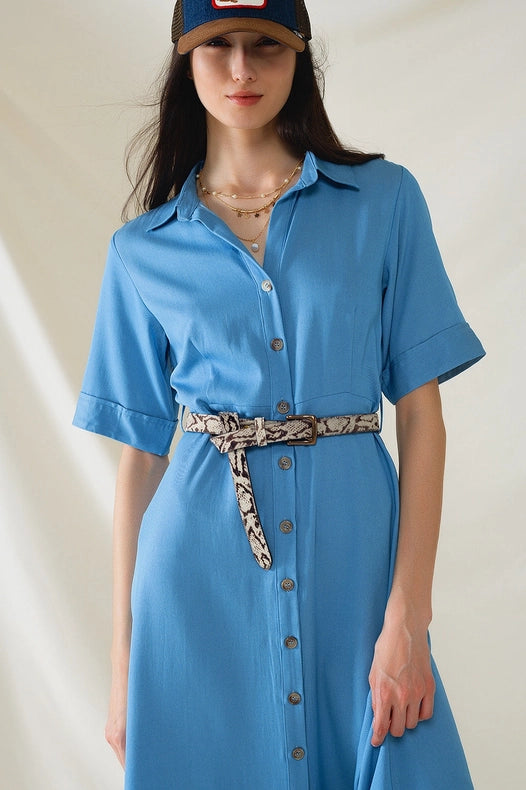 Blue Maxi Shirt Dress with Polo Collar