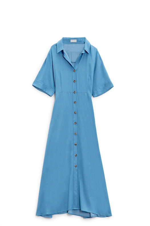 Blue Maxi Shirt Dress with Polo Collar
