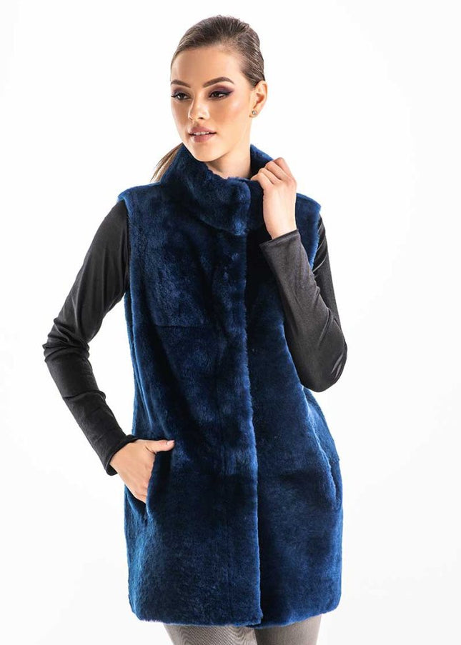 Blue Reversible Geniune Nappa Lamb Leather Mouton Fur Vest-0