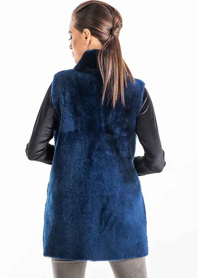 Blue Reversible Geniune Nappa Lamb Leather Mouton Fur Vest-1