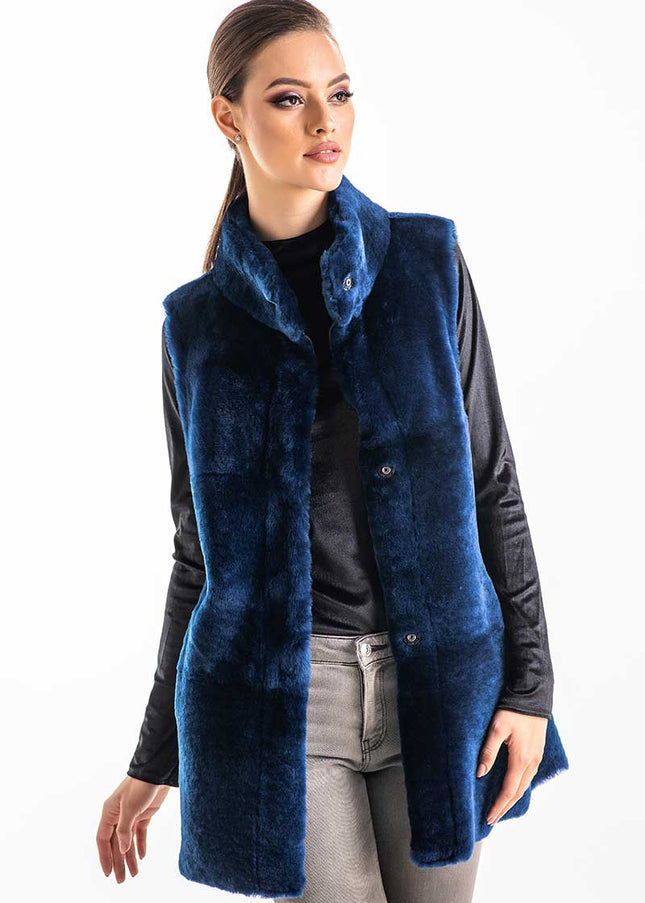 Blue Reversible Geniune Nappa Lamb Leather Mouton Fur Vest-2