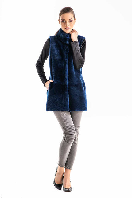 Blue Reversible Geniune Nappa Lamb Leather Mouton Fur Vest-3